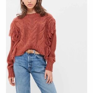 UO Faye Shimmer Fringe Cable Knit Sweater